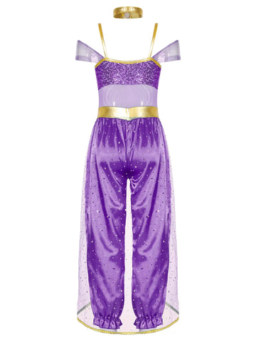 Girls Sleeveless Sequin Arabian Princess Costume Jumpsuit with Choker