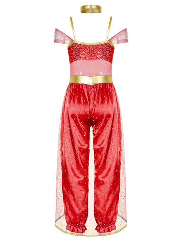 Girls Sleeveless Sequin Arabian Princess Costume Jumpsuit with Choker