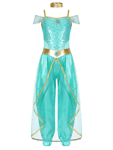 Girls Sleeveless Sequin Arabian Princess Costume Jumpsuit with Choker