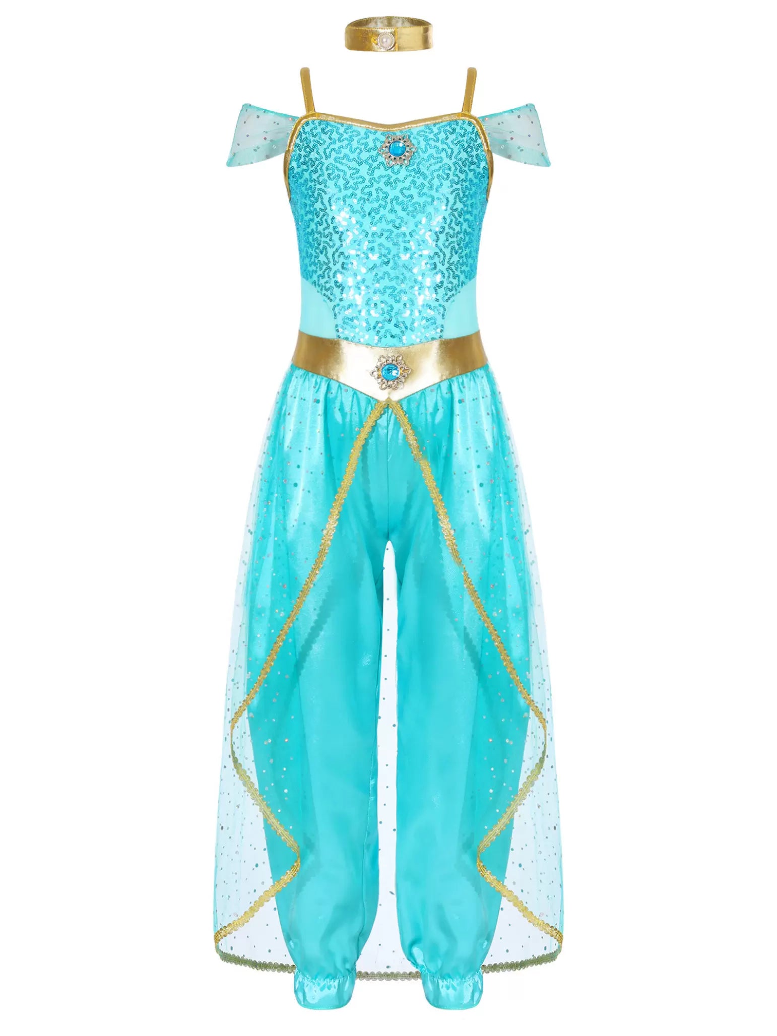 Costume de princesse arabe à paillettes sans manches pour filles, combinaison avec tour de cou