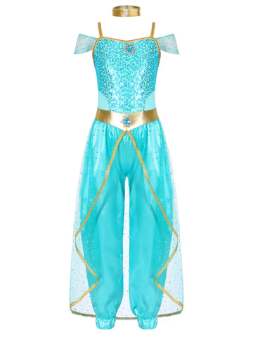 Girls Sleeveless Sequin Arabian Princess Costume Jumpsuit with Choker