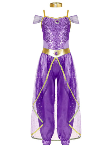 Costume de princesse arabe à paillettes sans manches pour filles, combinaison avec tour de cou