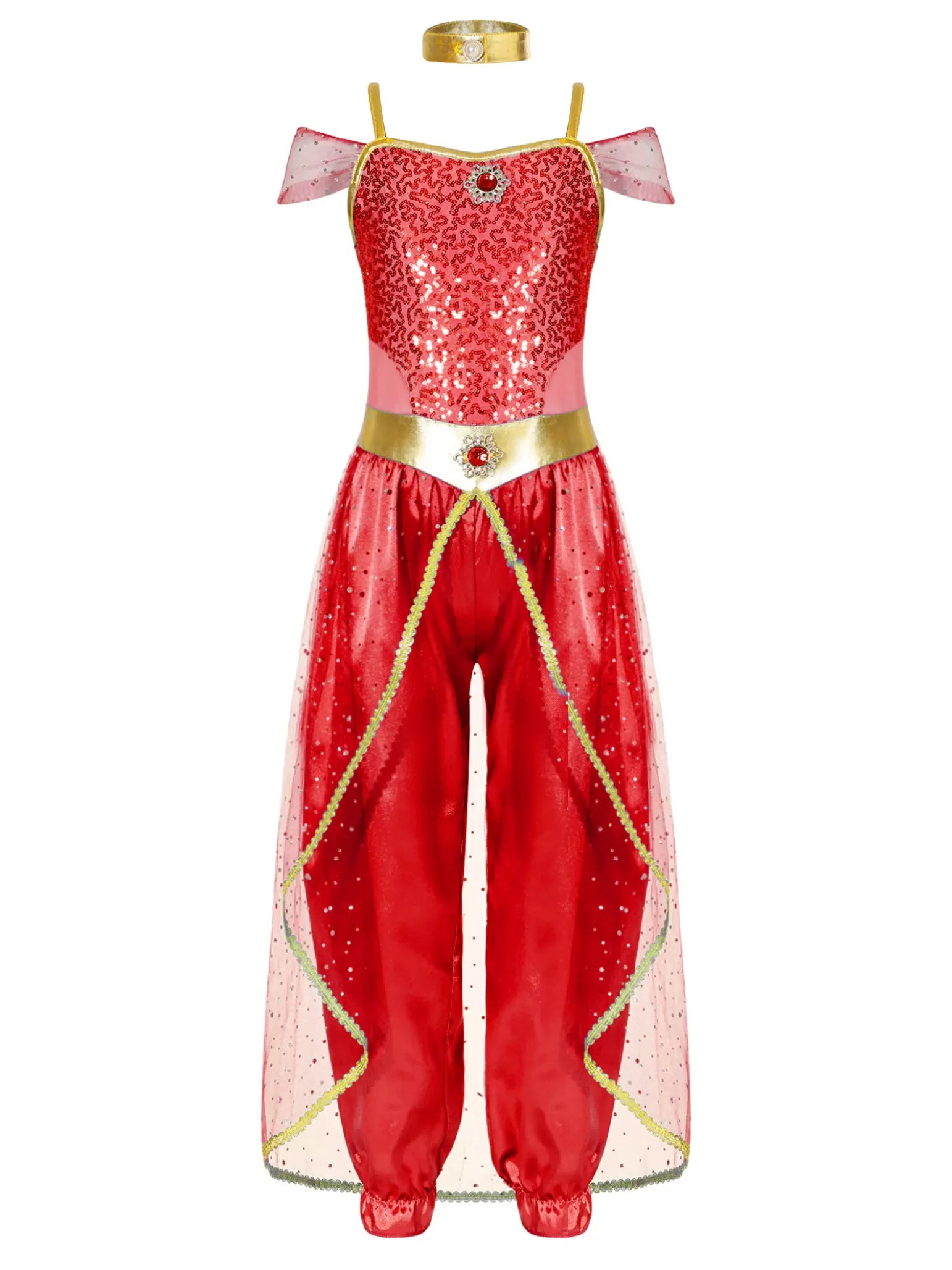 Costume de princesse arabe à paillettes sans manches pour filles, combinaison avec tour de cou