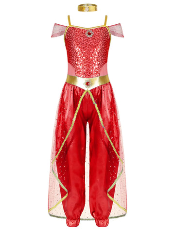 Costume de princesse arabe à paillettes sans manches pour filles, combinaison avec tour de cou