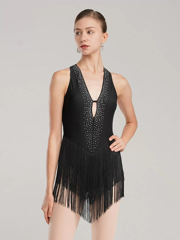 Women Rhinestone Tassel Backless Latin Dance Leotard