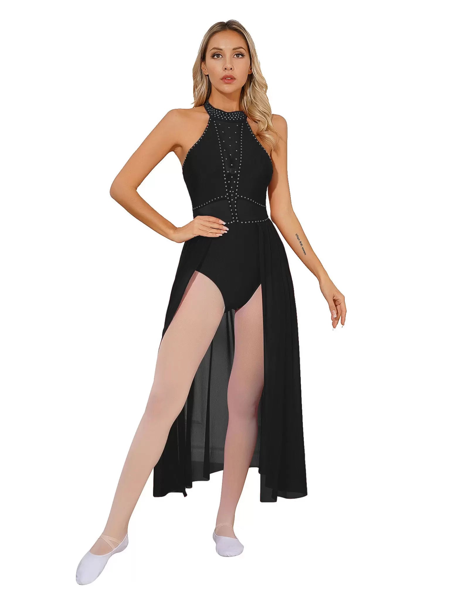 Robe justaucorps de danse lyrique en mousseline de soie à col licou pour femmes