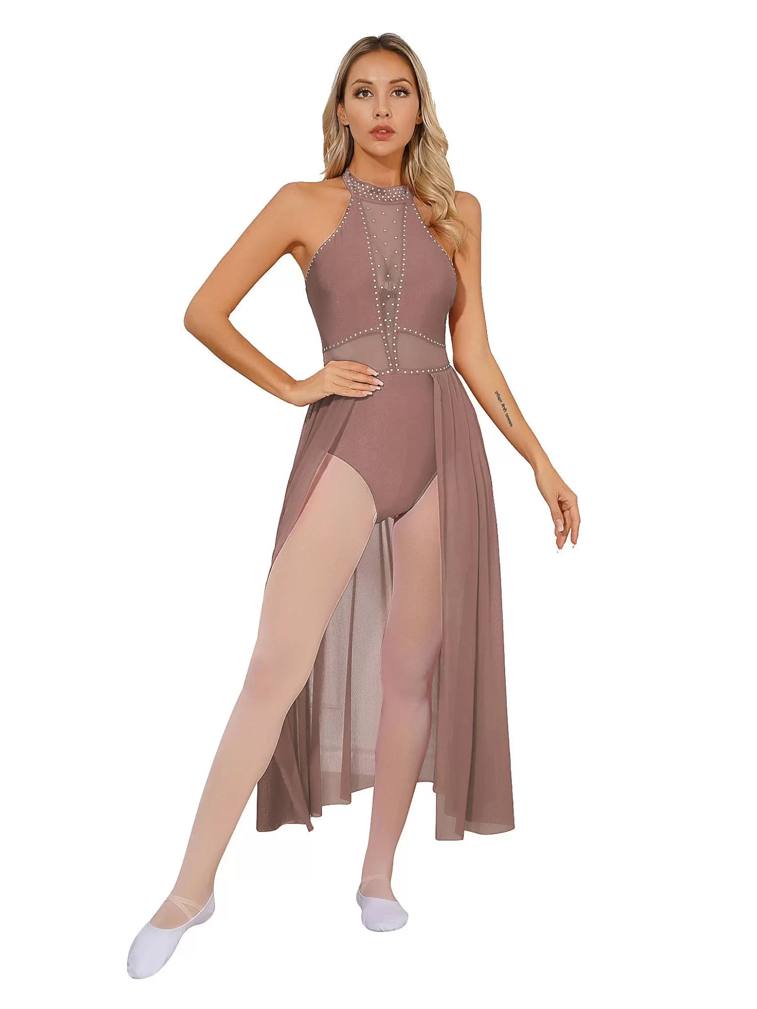 Robe justaucorps de danse lyrique en mousseline de soie à col licou pour femmes