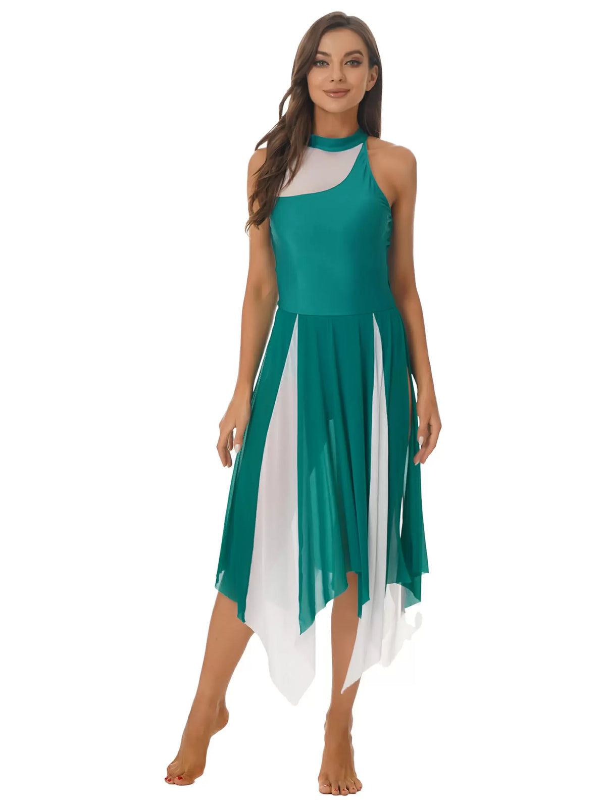 Women Color Block Halter Side Slit Lyrical Dance Dresses