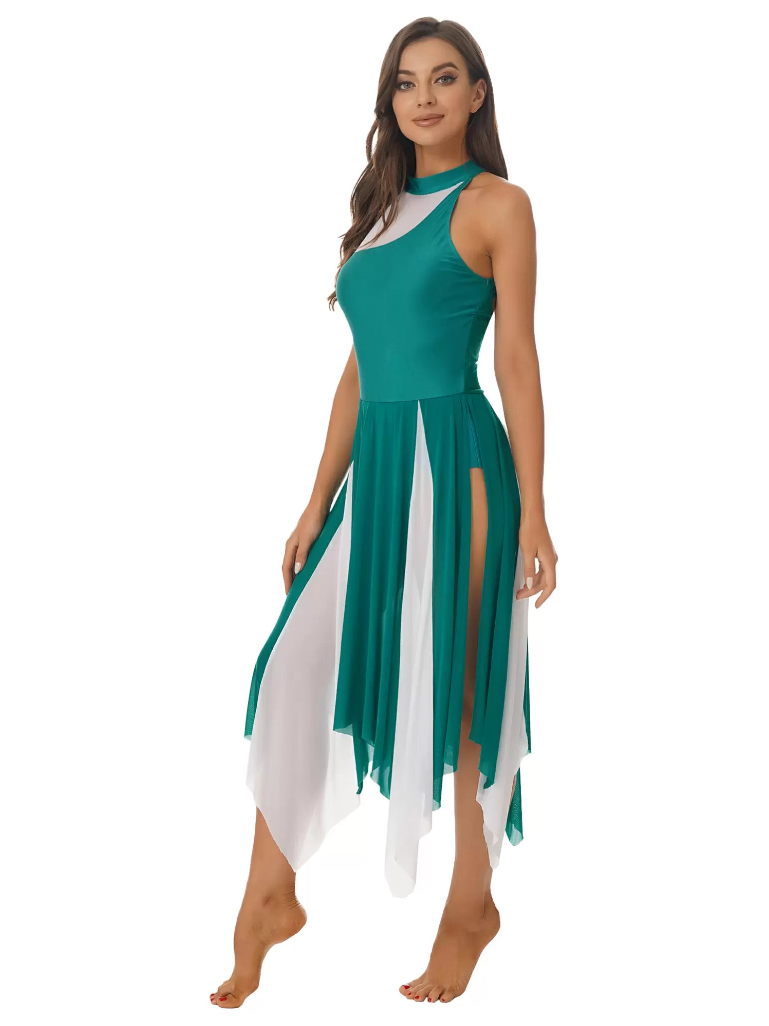 Women Color Block Halter Side Slit Lyrical Dance Dresses