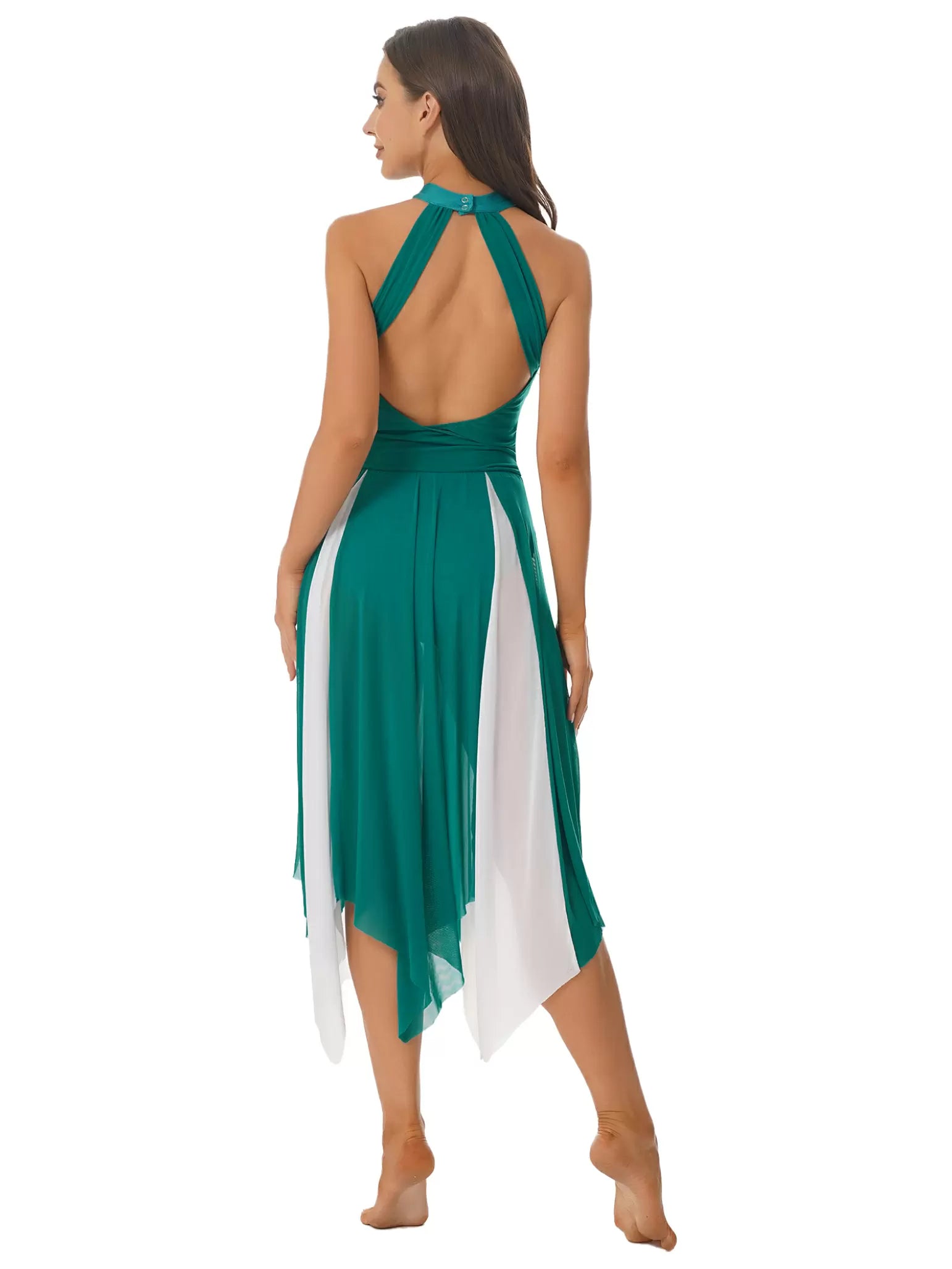 Women Color Block Halter Side Slit Lyrical Dance Dresses