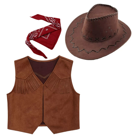 Kids Boys Western Cowboy Vest with Bandanna and Hat Holiday Costume