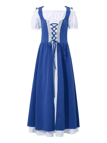 Kids Girls Square Neck Short Sleeve Lace-up Medieval Renaissance Dress